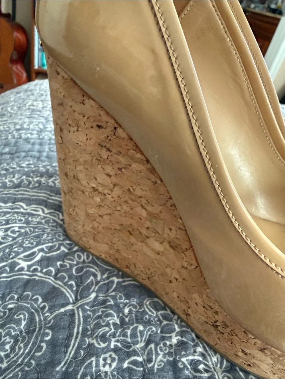 Jimmy Choo Nude Patent Peep-Toe Cork Wedge Pumps